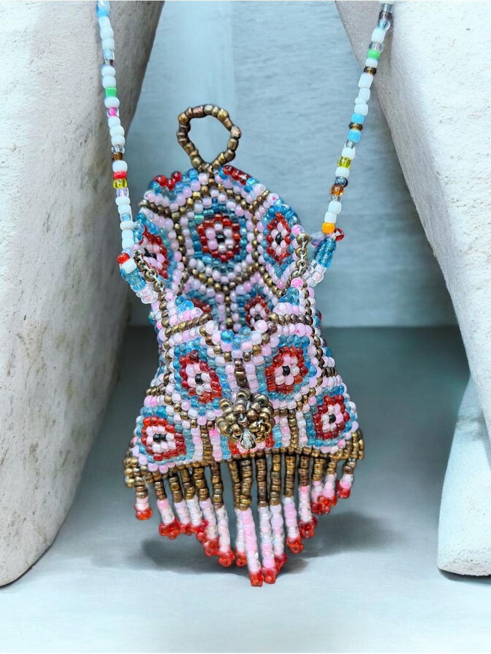 Vtg Woven Glass Seed Bead Amulet Necklace Geometric Talisman Medicine Pouch Bag